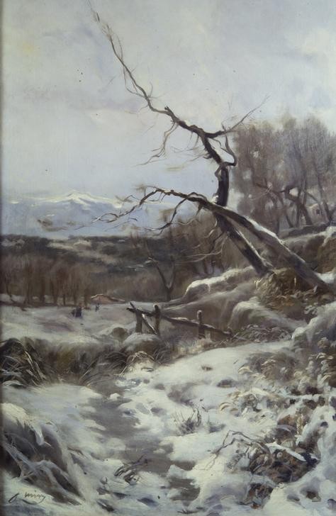 Joaquim Mir, Winter (Landschaft, Winter, Schnee, eisig, Bach, kahle Bäume, karg, frostig, unwirtlich, Post-Modernisme, Malerei, Klassische Moderne, Wunschgröße, Wohnzimmer, Treppenhaus, bunt)