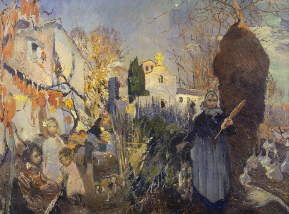 Joaquim Mir, Kann Gallecs (Frau, Bäuerin, Kinder, herbst, Gänse, Dorf, rustikal, bäuerlich, Post-Modernisme, Malerei, Klassische Moderne, Wunschgröße, Wohnzimmer, Treppenhaus, bunt)