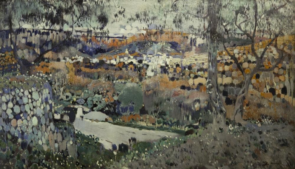 Joaquim Mir, Aleixar (Landschaft, Bäume, Dorf, Katalonien, Spanien, Post-Modernisme, Malerei, Klassische Moderne, Wunschgröße, Wohnzimmer, Treppenhaus, bunt)