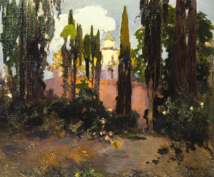 Joaquim Mir, Landschaft (Landschaft, Park, Garten, Zypressen, mediterran, Natur, Post-Modernisme, Malerei, Klassische Moderne, Wunschgröße, Wohnzimmer, Treppenhaus, bunt)