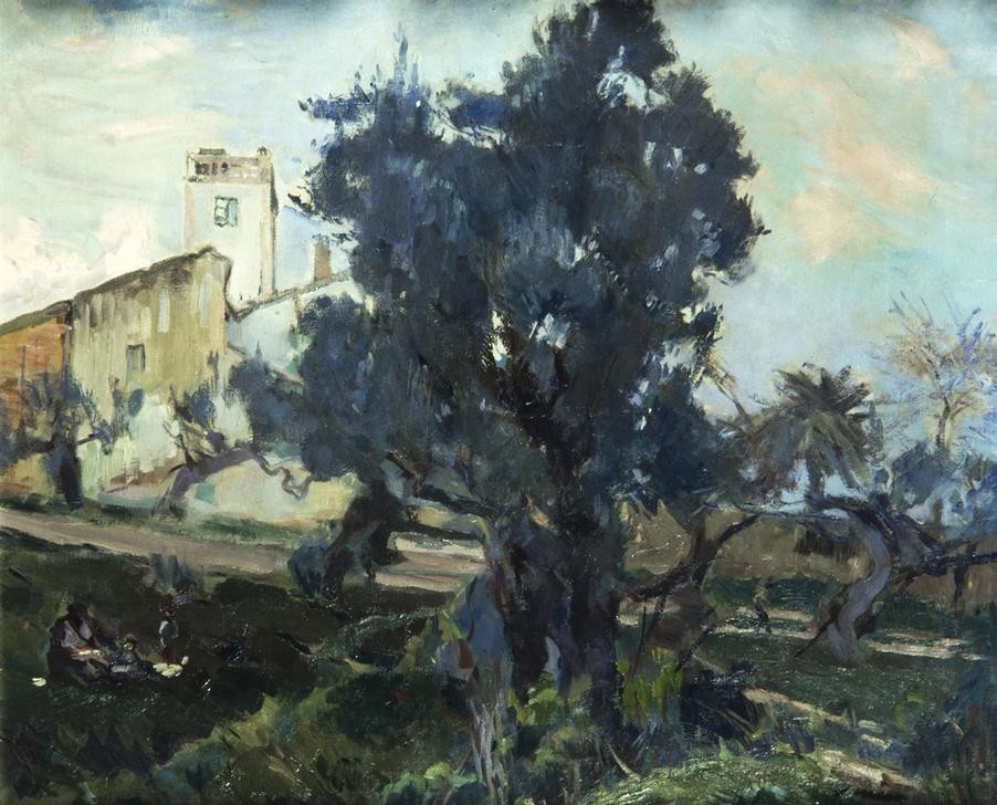 Joaquim Mir, Bauernhaus in Saldet (Dorf, Landschaft, Gehöft, Bauernhaus, ländlich, Girona, Spanien, Post-Modernisme, Malerei, Klassische Moderne, Wunschgröße, Wohnzimmer, Treppenhaus, bunt)