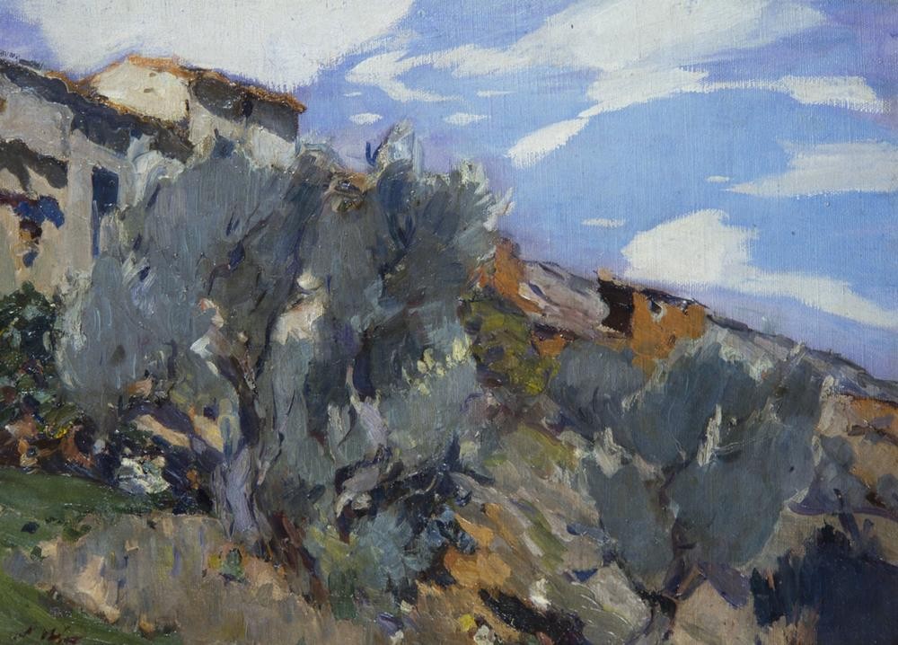 Joaquim Mir, Bauernhaus mit Wald (Bauernhaus, Landschaft, Hügel, Bäume, Post-Modernisme, Malerei, Klassische Moderne, Wunschgröße, Wohnzimmer, Treppenhaus, bunt)