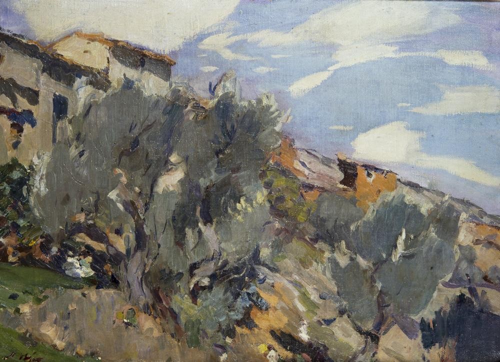 Joaquim Mir, Dorf, Orangenhain (Landschaft, Bergdorf, Hügel, Bäume, Post-Modernisme, Malerei, Klassische Moderne, Wunschgröße, Wohnzimmer, Treppenhaus, bunt)