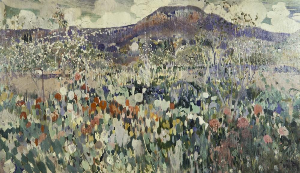 Joaquim Mir, L’Aleixar (Landschaft, Hügel, Blumenwiese, Katalanische Kunst, Post-Modernisme, Malerei, Klassische Moderne, Wunschgröße, Wohnzimmer, Treppenhaus, bunt)