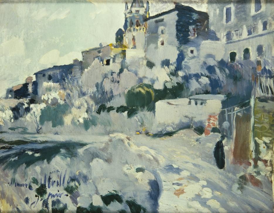 Joaquim Mir, Utrillo gewidmetes Gemälde (Stadtansicht, mediterran, Gebäude, Post-Modernisme, Malerei, Klassische Moderne, Wunschgröße, Wohnzimmer, Treppenhaus, bunt)