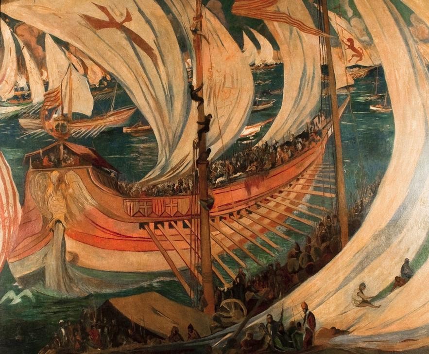 Joaquim Mir, Eroberung Mallorcas (Krieg, Kriegsschiff, Schiff, Segelschiff, Flotte, Eroberung, Post-Modernisme, Malerei, Klassische Moderne, Wunschgröße, Wohnzimmer, Treppenhaus, bunt)