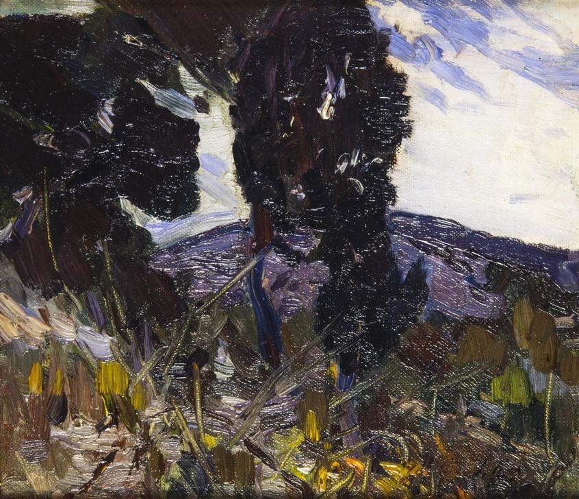 Joaquim Mir, Landschaft (Landschaft,Hügel, Bäume, Post-Modernisme, Malerei, Klassische Moderne, Wunschgröße, Wohnzimmer, Treppenhaus, bunt)