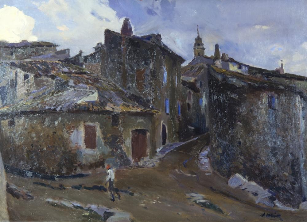 Joaquim Mir, Regentag (Dorf, Straßenszene, rustikal, Wetter, historisch Post-Modernisme, Malerei, Klassische Moderne, Wunschgröße, Wohnzimmer, Treppenhaus, bunt)