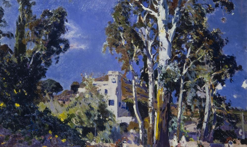 Joaquim Mir, El Mas Blau, Les Borges del Camp (Dorf, Landschaft, Bäume, Sommer, Sonnenlicht, Post-Modernisme, Malerei, Klassische Moderne, Wunschgröße, Wohnzimmer, Treppenhaus, bunt)