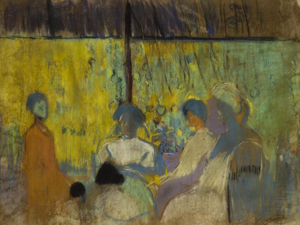 Joaquim Mir, Nähende Frauen (Frauen ,Handarbeit, Nähen, Menschen, Abstraktion, Post-Modernisme, Malerei, Klassische Moderne, Wunschgröße, Wohnzimmer, Treppenhaus, bunt)
