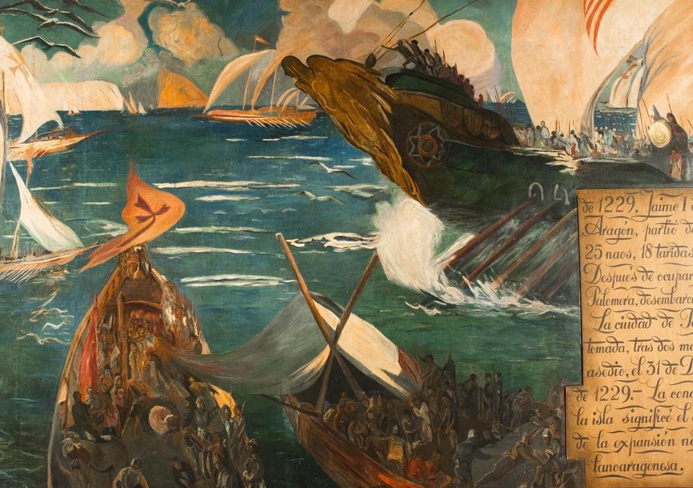 Joaquim Mir, Eroberung Mallorcas (Krieg, Kriegsschiff, Segelschiff, Flotte, Eroberung, Post-Modernisme, Malerei, Klassische Moderne, Wunschgröße, Wohnzimmer, Treppenhaus, bunt)