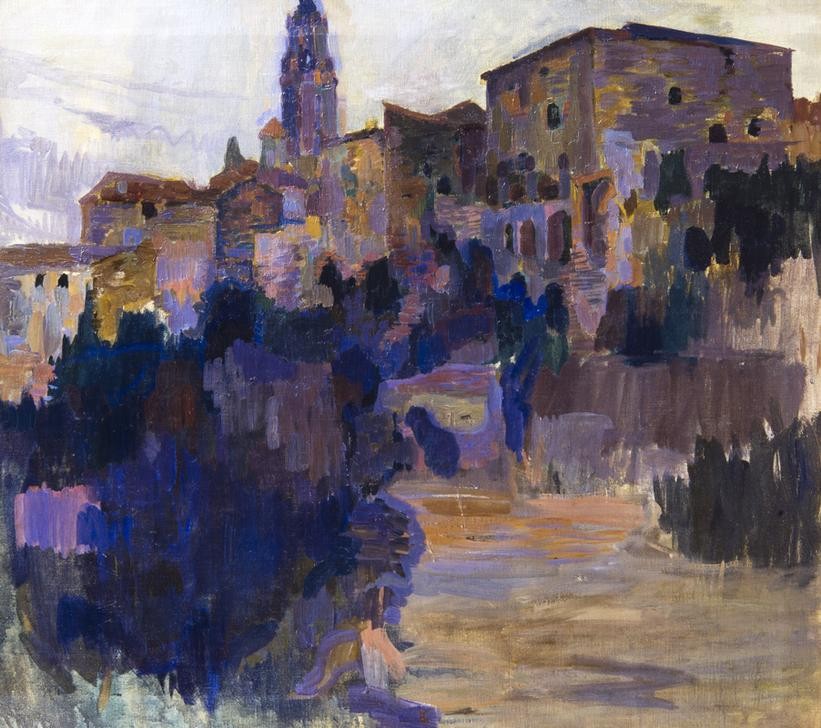 Joaquim Mir, Maspujols (Stadtansicht, rustikal, Gebäude, Bergdorf, Abstraktion, Post-Modernisme, Malerei, Klassische Moderne, Wunschgröße, Wohnzimmer, Treppenhaus, bunt)