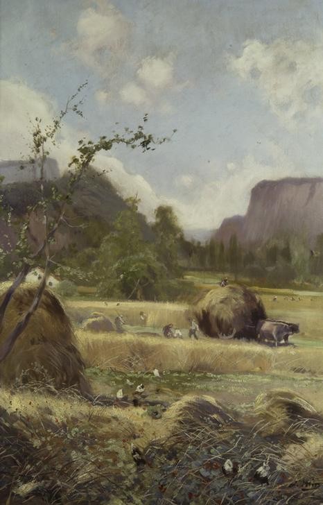 Joaquim Mir, Sommer (Ernte, Heuwagen, Landschaft, Sommer, Heu, Landleben, Landarbeit, Ochsenkarren,Post-Modernisme, Malerei, Klassische Moderne, Wunschgröße, Wohnzimmer, Treppenhaus, bunt)