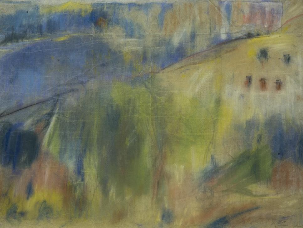 Joaquim Mir, Pastell (Landschaft, diffus, unscharf, Hügel, Post-Modernisme, Malerei, Klassische Moderne, Wunschgröße, Wohnzimmer, Treppenhaus, bunt)