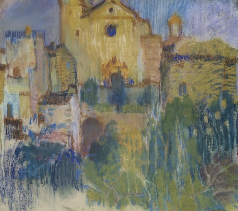 Joaquim Mir, Maspujols (Stadtansicht, Gebäude, Architekturdarstellung, Katalanische Kunst, Post-Modernisme, Malerei, Klassische Moderne, Wunschgröße, Wohnzimmer, Treppenhaus, bunt)