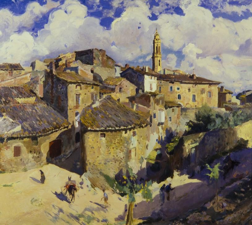 Joaquim Mir, Das Dorf der Haselnussbäume (Dorf, Häuser, rustikal, alt, historisch, Spanische  Architektur Katalonien, Post-Modernisme, Malerei, Klassische Moderne, Wunschgröße, Wohnzimmer, Treppenhaus, bunt)