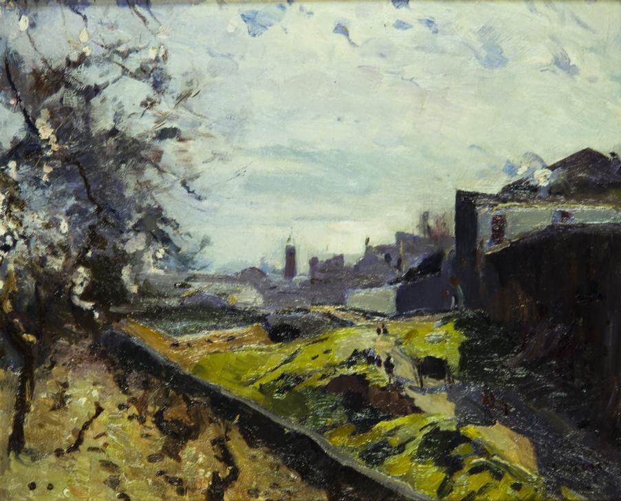 Joaquim Mir, In der Nähe von Vilanova (Landschaft, Dorf, Bäume, Katalonien,  Post-Modernisme, Malerei, Klassische Moderne, Wunschgröße, Wohnzimmer, Treppenhaus, bunt)