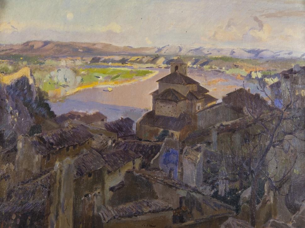 Joaquim Mir, Miravet (Dorf, Häuser, rustikal, alt, historisch, Felsen, Burg, Templer, Spanische Architektur, Fluss, Ebro, Katalonien, Post-Modernisme, Malerei, Klassische Moderne, Wunschgröße, Wohnzimmer, Treppenhaus, bunt)