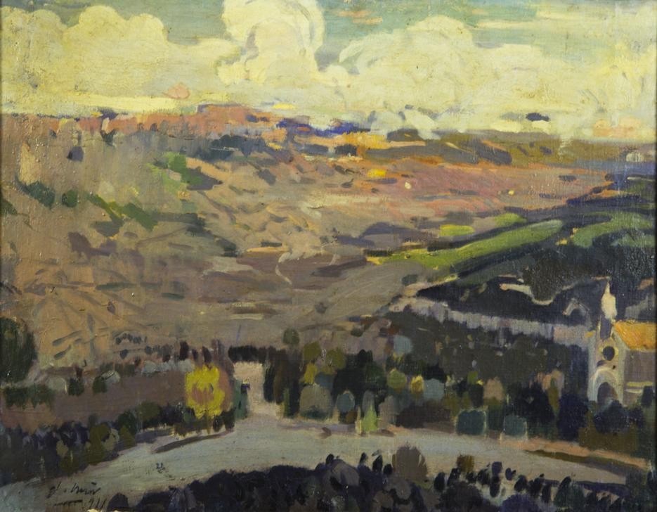 Joaquim Mir, Blick auf L’Aleixar (Landschaft, Fluss, Panorama,  Stadtansicht, Katalanische Kunst, Abstraktion, Post-Modernisme, Malerei, Klassische Moderne, Wunschgröße, Wohnzimmer, Treppenhaus, bunt)