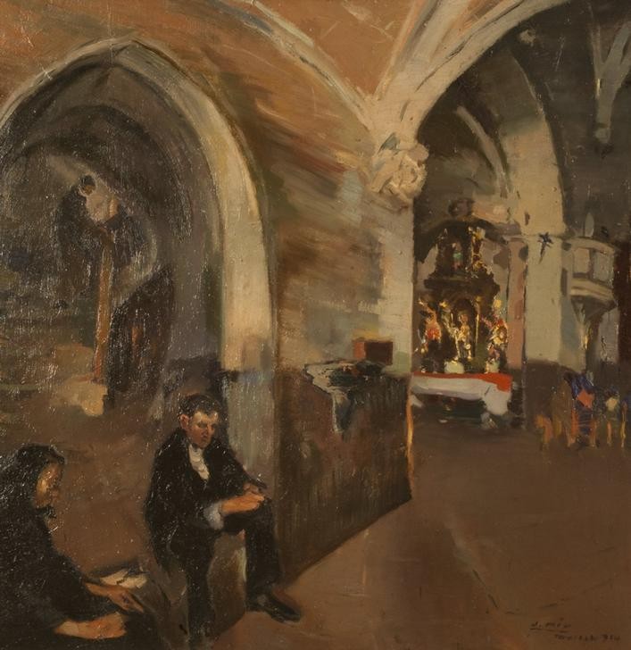 Joaquim Mir, Interieur (Kirche, Interieur, Architektur,   Kirchgänger, Gläubige, Katalanische Kunst, Post-Modernisme, Malerei, Klassische Moderne, Wunschgröße, Wohnzimmer, Treppenhaus, bunt)