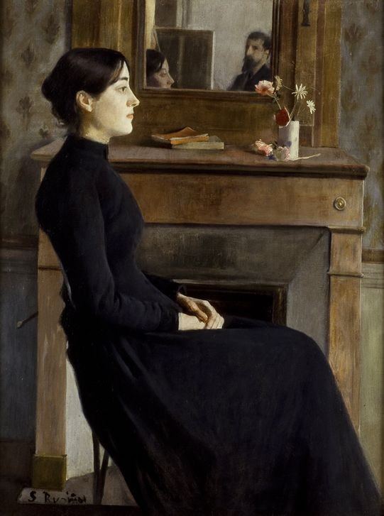 Santiago Rusinol, Weibliche Figur (Frau,Maler (Künstler),Spiegel,Künstler Bei Der Arbeit,Spiegelung,Portrait,Profil,Katalanische Kunst,Junge Frau,Esse)