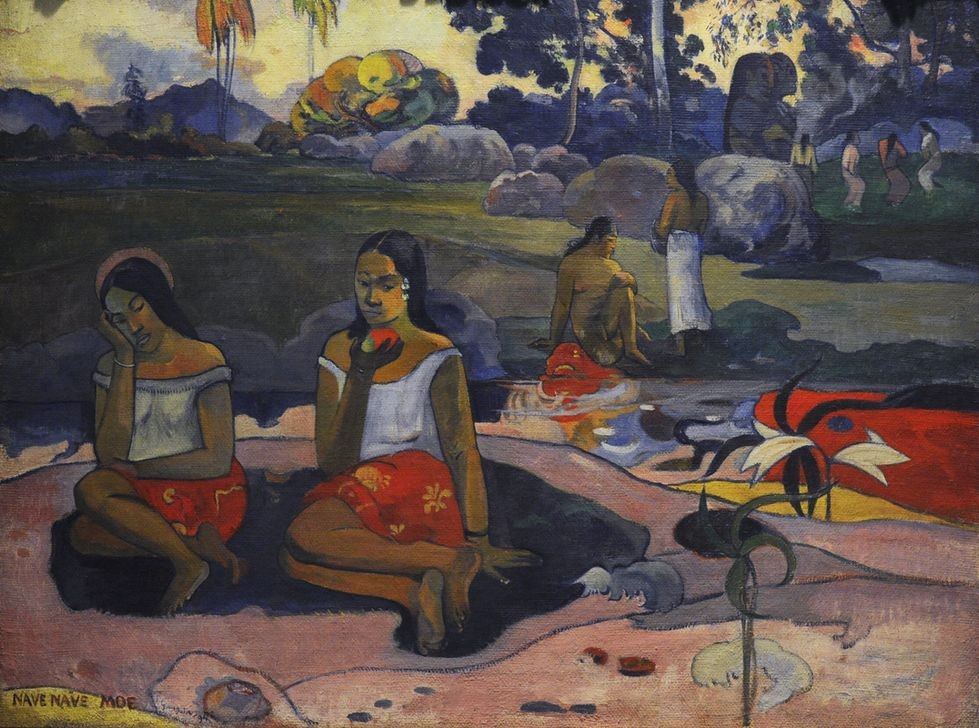 Paul Gauguin, Sweet Dreams (Nave nave moe), 1894 (Apfel,Frau,Jugend (Lebensalter),Kunst,Landschaft,Laster,Museum,Tanz,Symbolismus,Tugend,Aura,Versuchung,Stimmabgabe,Blume,Malen,Postimpressionismus,Springbrunnen)