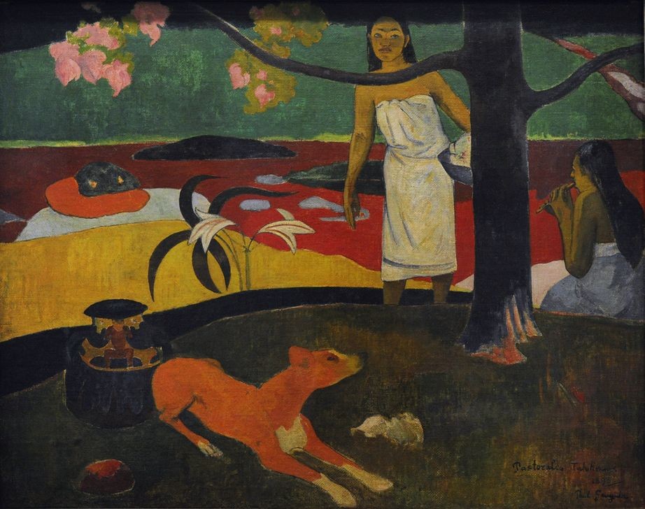 Paul Gauguin, Pastorales Tahitiennes, 1892 (Jugend (Lebensalter),Kunst,Landschaft,Museum,Musik,Spiel,Instrument,Hund,Baum,Musical,Exotik,Tier,Blume,Malen,Rot,Postimpressionismus,Flöte)