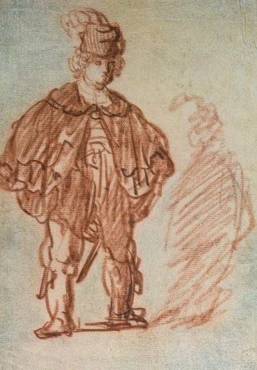 Rembrandt Harmenszoon van Rijn, Stehender Schauspieler (Figurine,Kunst,Mann,Rollenbild,Schauspieler,Theater,Barock,Niederländische Kunst,Schauspiel,Holländische Kunst,Ganzfigurig,Komödiant)