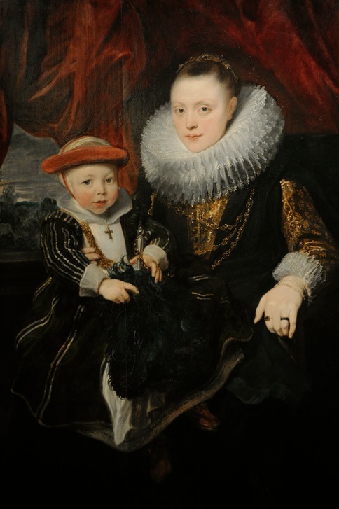 Anthony Van Dyck, Portrait of a Young Woman with a Child (Frau,Gesellschaft,Geschichte,Jugend (Lebensalter),Kind,Kreuz,Künstler,Kunst,Malerin,Mode,Öl,Ring,Schmuck,Barock,Spitzen,Portrait,Talar,Mutter,Flamenco,Hals,Anhänger (Schmuck),Dame,Obere Zehntausend,Kleidung (Allgemein),Sohn,Spitzentanz)