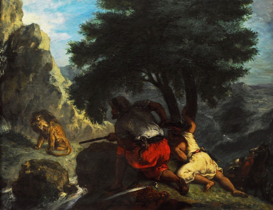 Eugene Delacroix, Lion Hunt in Morocco, 1854 (Arabisch,Gewehr,Jäger,Jagd,Kunst,Landschaft,Löwe (Tier),Museum,Pferd (Tier),Schwert,Szene,Waffe,Stein,Allegorie,Baum,Tier,Romantik,Malen,Staustufe)