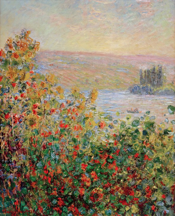 Claude Monet, Massifs de fleurs à Vétheuil (Kunst,Landschaft,Impressionismus,Fluss,Französische Kunst,Ziergarten,Ufer,Blume,Garten)