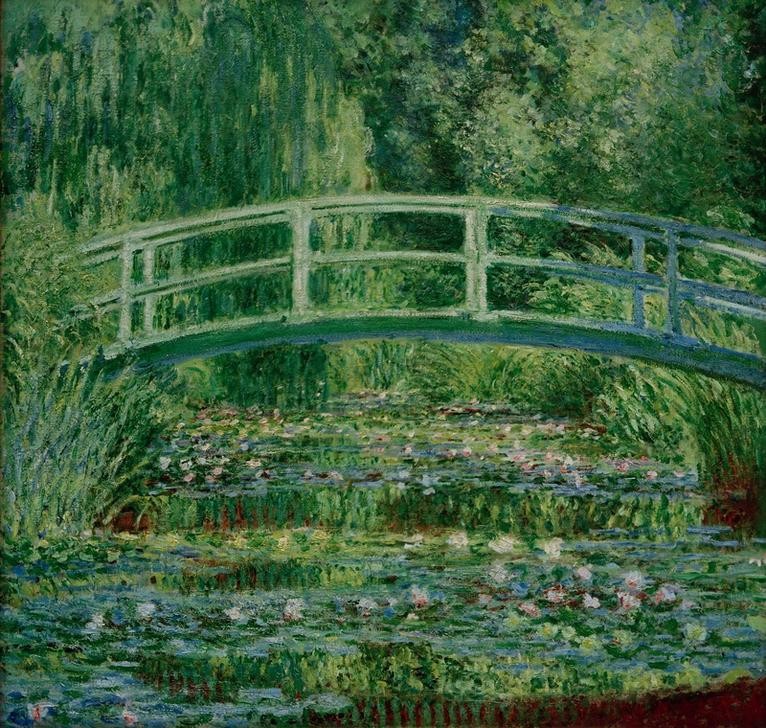 Claude Monet, Le bassin aux nymphéas (Botanik,Brücke,Garten Und Park,Kunst,Maler (Künstler),Wasser,Wasserpflanze,Impressionismus,See,Seerose,Holzbrücke,Französische Kunst,Harmonie,Ziergarten,Grün,Jahrhundertwende,Zierteich,Gartenteich,Garten)