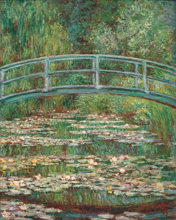 Claude Monet, Le bassin des nymphéas (Botanik,Brücke,Garten Und Park,Kunst,Landschaft,Maler (Künstler),Wasser,Wasserpflanze,Impressionismus,See,Seerose,Holzbrücke,Französische Kunst,Harmonie,Ziergarten,Grün,Jahrhundertwende,Zierteich,Gartenteich,Garten)