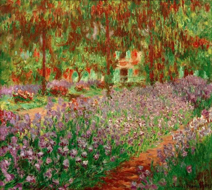 Claude Monet, Le jardin (Botanik,Garten Und Park,Iris (Botanik),Kunst,Maler (Künstler),Impressionismus,Französische Kunst,Harmonie,Ziergarten,Blume,Jahrhundertwende,Privatsammlung,Blumenbeet,Lila,Garten)