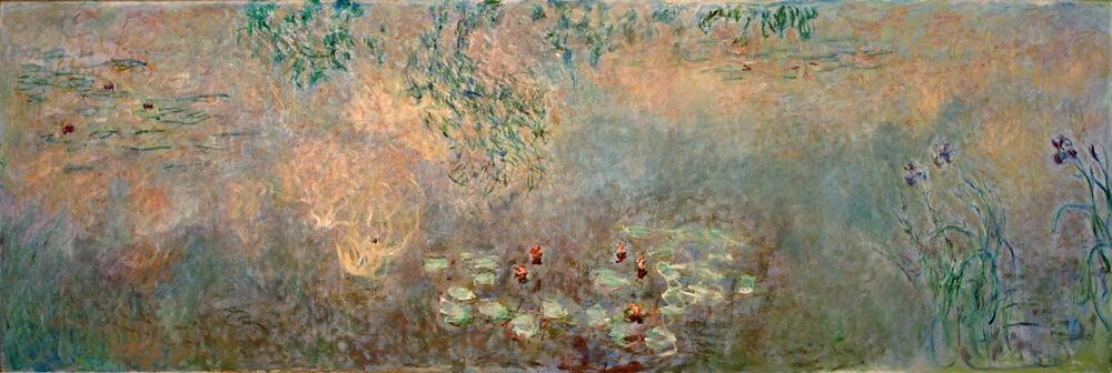 Claude Monet, Le bassin aux nymphéas avec iris (Botanik,Garten Und Park,Iris (Botanik),Kunst,Maler (Künstler),Wasser,Wasserpflanze,Impressionismus,See,Seerose,Französische Kunst,Blume,Zierteich,Gartenteich)