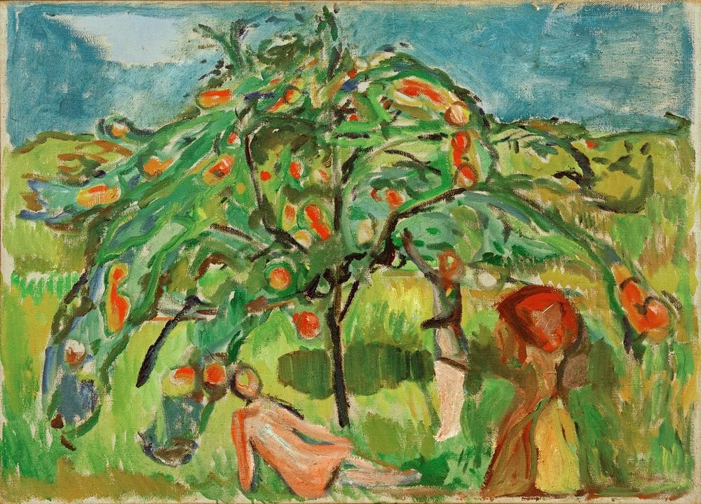 Edvard Munch, Kinder unterm Apfelbaum (Kind,Kunst,Baum,Expressionismus,Norwegische Kunst,Apfelbaum,Menschen Im Garten,Kinderleben,Skandinavische Kunst,Obstbaum,Garten)