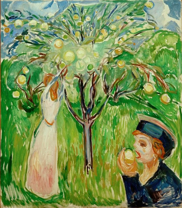 Edvard Munch, Apfelernte. Zwei Frauen im Garten (Apfel,Ernte,Frau,Kunst,Obstbau,Baum,Expressionismus,Norwegische Kunst,Apfelbaum,Landleben,Menschen Im Garten,Grün,Skandinavische Kunst,Obstbaum,Landwirtschaft,Garten)
