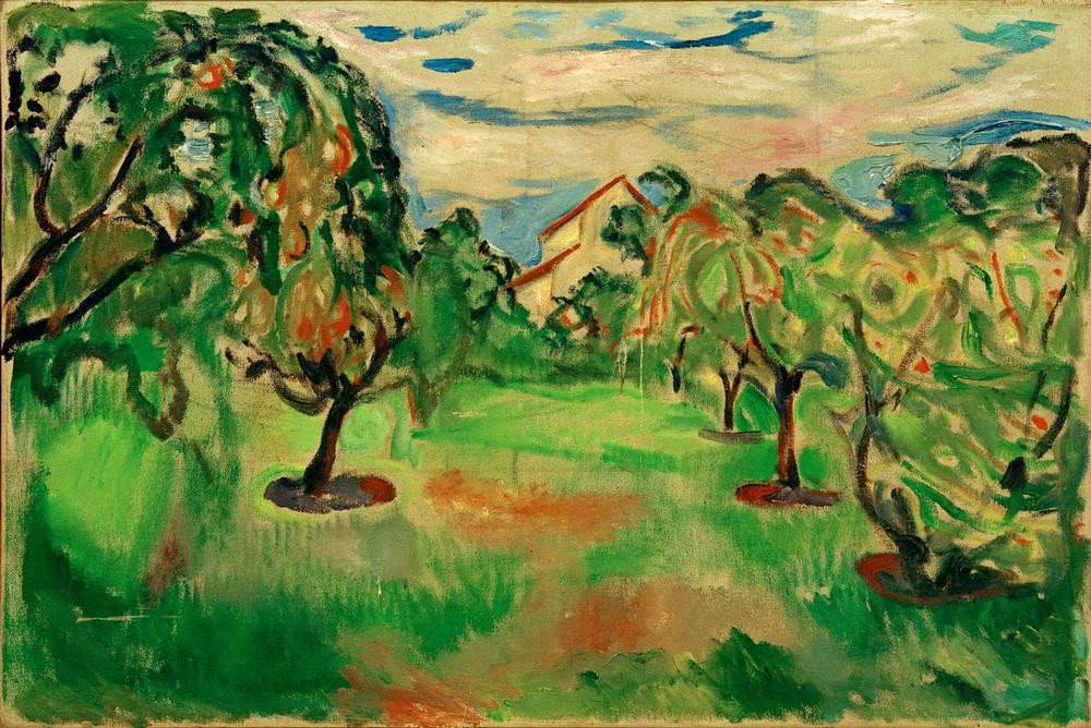 Edvard Munch, Apfelgarten mit Atelier (Atelier,Garten Und Park,Künstler,Kunst,Maler (Künstler),Obstbau,Obstgarten,Expressionismus,Norwegische Kunst,Apfelbaum,Grün,Skandinavische Kunst,Garten)