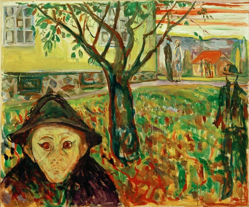 Edvard Munch, Eifersucht im Garten (Eifersucht,Kunst,Liebe Und Ehe,Mann,Symbolismus,Expressionismus,Norwegische Kunst,Gefühl (Stimmung),Skandinavische Kunst,Negative Stimmungen Und Gefühle,Garten)