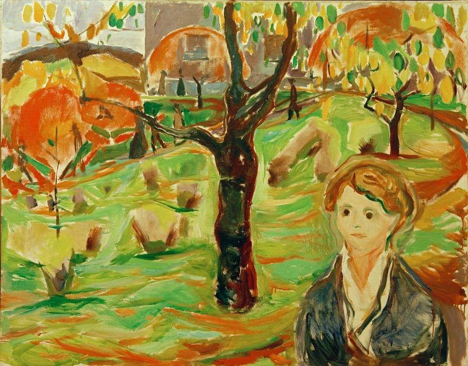 Edvard Munch, Junge Frau im Garten (Frau,Garten Und Park,Herbst,Jahreszeiten,Kunst,Landschaft,Menschen Im Park,Park,Spaziergang,Expressionismus,Norwegische Kunst,Junge Frau,Skandinavische Kunst)