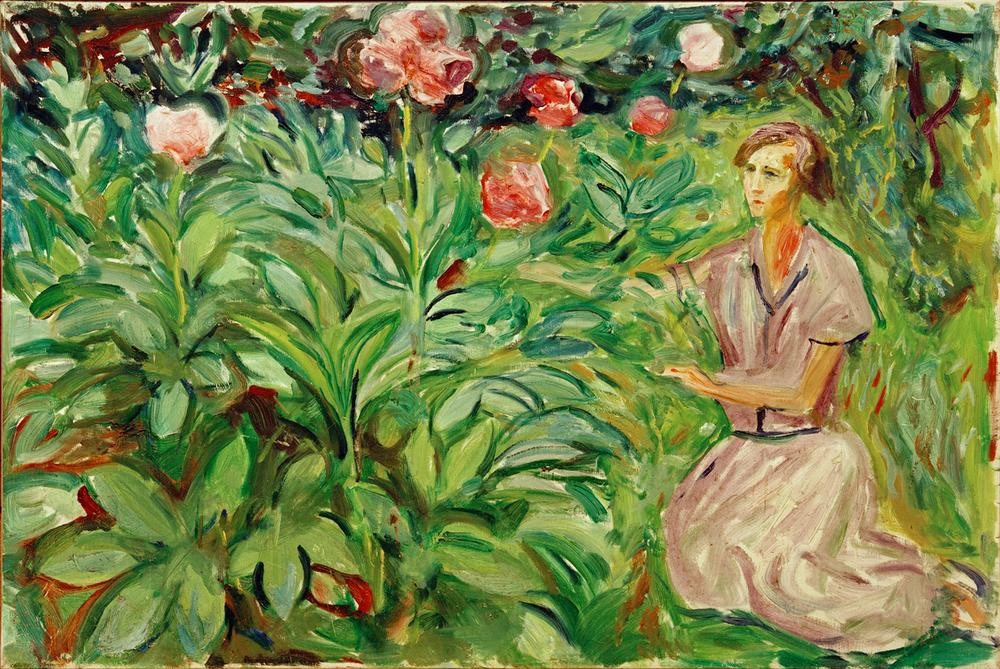 Edvard Munch, Frau mit Pfingstrosen (Frau,Garten Und Park,Kunst,Expressionismus,Norwegische Kunst,Menschen Im Garten,Blume,Blüte,Pfingstrose,Grün,Skandinavische Kunst,Garten)