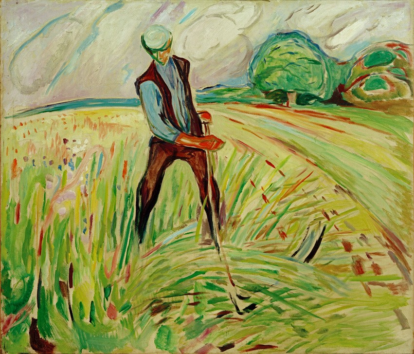 Edvard Munch, Der Schnitter I (Ackerbau,Arbeit,Bauer (Landwirt),Ernte,Getreideanbau,Kunst,Landschaft,Mann,Schnitter (Ernte),Sense,Expressionismus,Getreide,Norwegische Kunst,Feld,Getreidefeld,Skandinavische Kunst,Feldarbeit,Landwirtschaft)