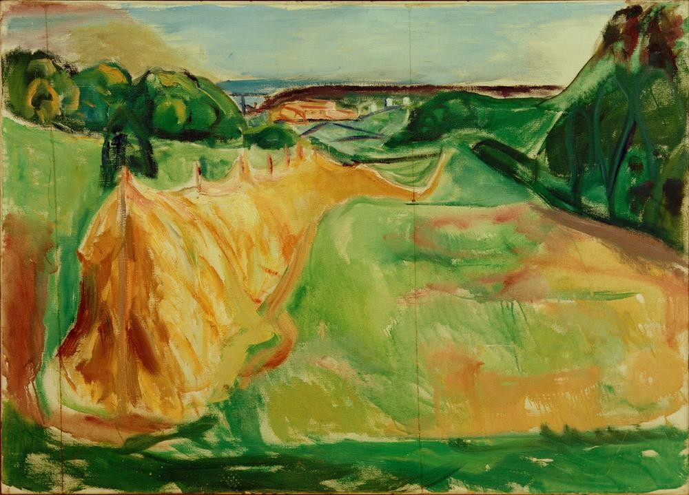Edvard Munch, Heureiter (Ernte,Kunst,Landschaft,Expressionismus,Norwegische Kunst,Heuschober,Skandinavische Kunst,Landwirtschaft)