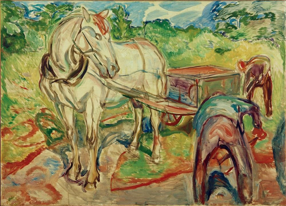 Edvard Munch, Pferd und Wagen und grabende Männer I (Ackerbau,Arbeit,Bauer (Landwirt),Kunst,Mann,Pferd (Tier),Pferdewagen,Wagen,Expressionismus,Norwegische Kunst,Tierleben,Zugtier,Tier,Skandinavische Kunst,Feldarbeit,Nutztier,Schimmel (Pferd),Graben (Tätigkeit),Landwirtschaft)