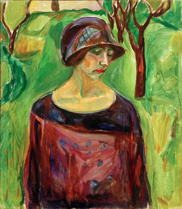 Edvard Munch, Birgit Prestöe im Garten (Damenhut,Damenmode,Frau,Kopfbedeckung,Kunst,Mensch,Mode,Hut,Portrait,Expressionismus,Norwegische Kunst,Menschen Im Garten,Skandinavische Kunst,Halbfigur,Topfhut)