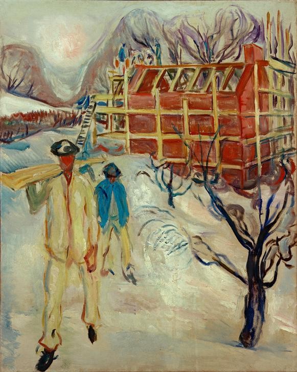 Edvard Munch, Bauarbeiter im Schnee. Backsteinatelier (Arbeiter,Arbeit,Atelier,Architektur,Jahreszeiten,Künstler,Kunst,Maler (Künstler),Mann,Transport,Winter,Hausbau,Schnee,Baustelle,Bauarbeiter,Expressionismus,Norwegische Kunst,Tragen,Gerüst,Bauarbeiten,Skandinavische Kunst,Rohbau,Auf Den Schultern Tragen,Ba)