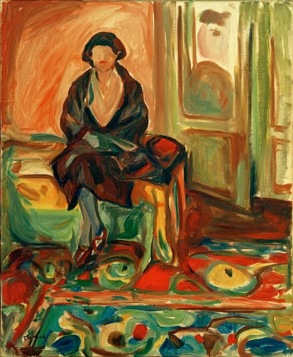 Edvard Munch, Modell auf Sofa (Frau,Kunst,Mensch,Modell,Teppich,Wohnung,Portrait,Expressionismus,Interieur,Sofa,Norwegische Kunst,Sitzen,Skandinavische Kunst,Ganzfigurig,Beine (Übereinandergeschlagen))
