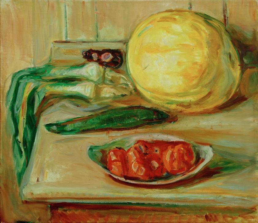 Edvard Munch, Stilleben mit Kürbis (Gemüse,Kunst,Tomate,Gurke,Nahrungsmittel,Tisch,Stillleben,Expressionismus,Kürbis,Norwegische Kunst,Zwiebel,Skandinavische Kunst,Rote Zwiebel,Fruehlingszwiebel)