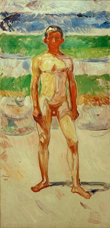 Edvard Munch, Badender Junge (Bad Im Freien,Bad,Kind,Kunst,Strand,Meer,Akt,Expressionismus,Jüngling,Norwegische Kunst,Knabe,Skandinavische Kunst,Spielbein,Standbein)