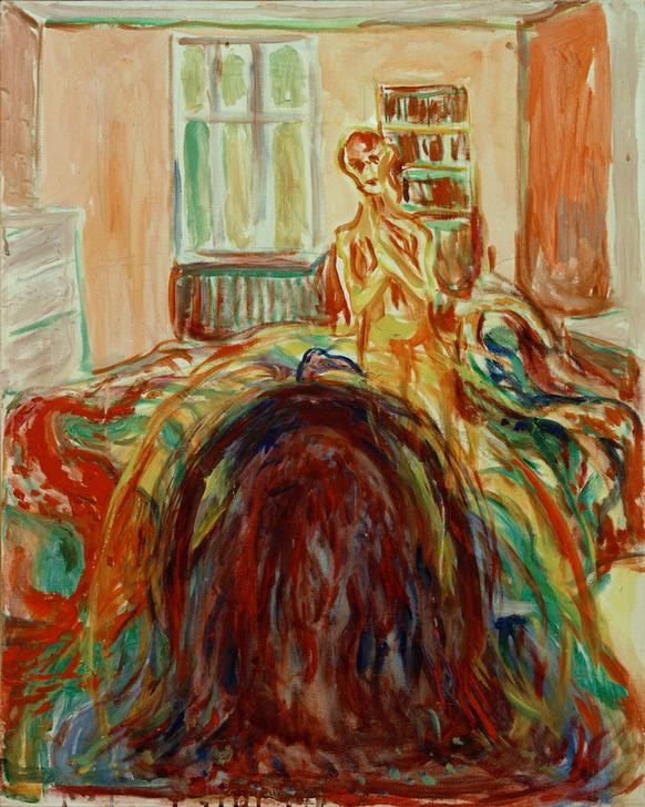 Edvard Munch, Selbstporträt während der Augenkrankheit I (Bett,Grafiker,Krankheit,Künstler,Kunst,Maler (Künstler),Mann,Schlafzimmer,Selbstbildnis,Portrait,Expressionismus,Interieur,Norwegische Kunst,Kranker,Skandinavische Kunst,Halbfigur,Augenkrankheit)